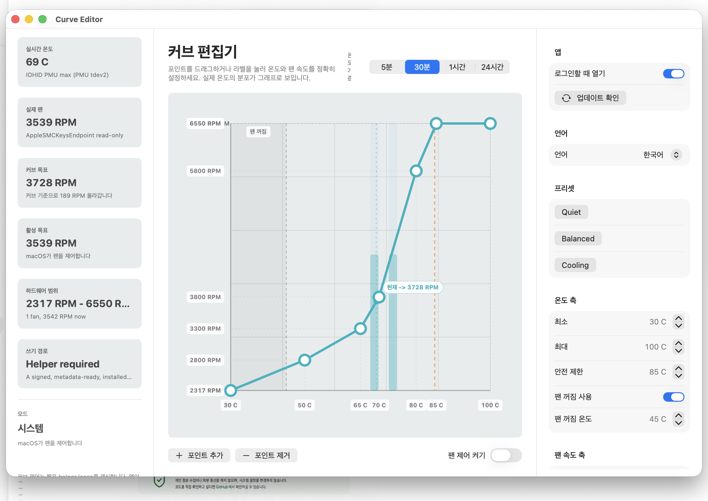 FanCurve Mac Curve Editor showing a temperature distribution and fan curve